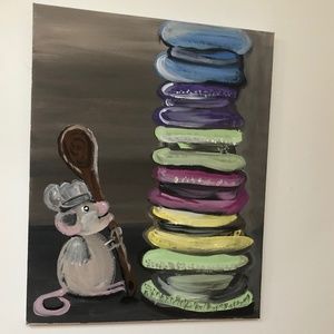 Hand painted acrylic painting mouse baking French macarons